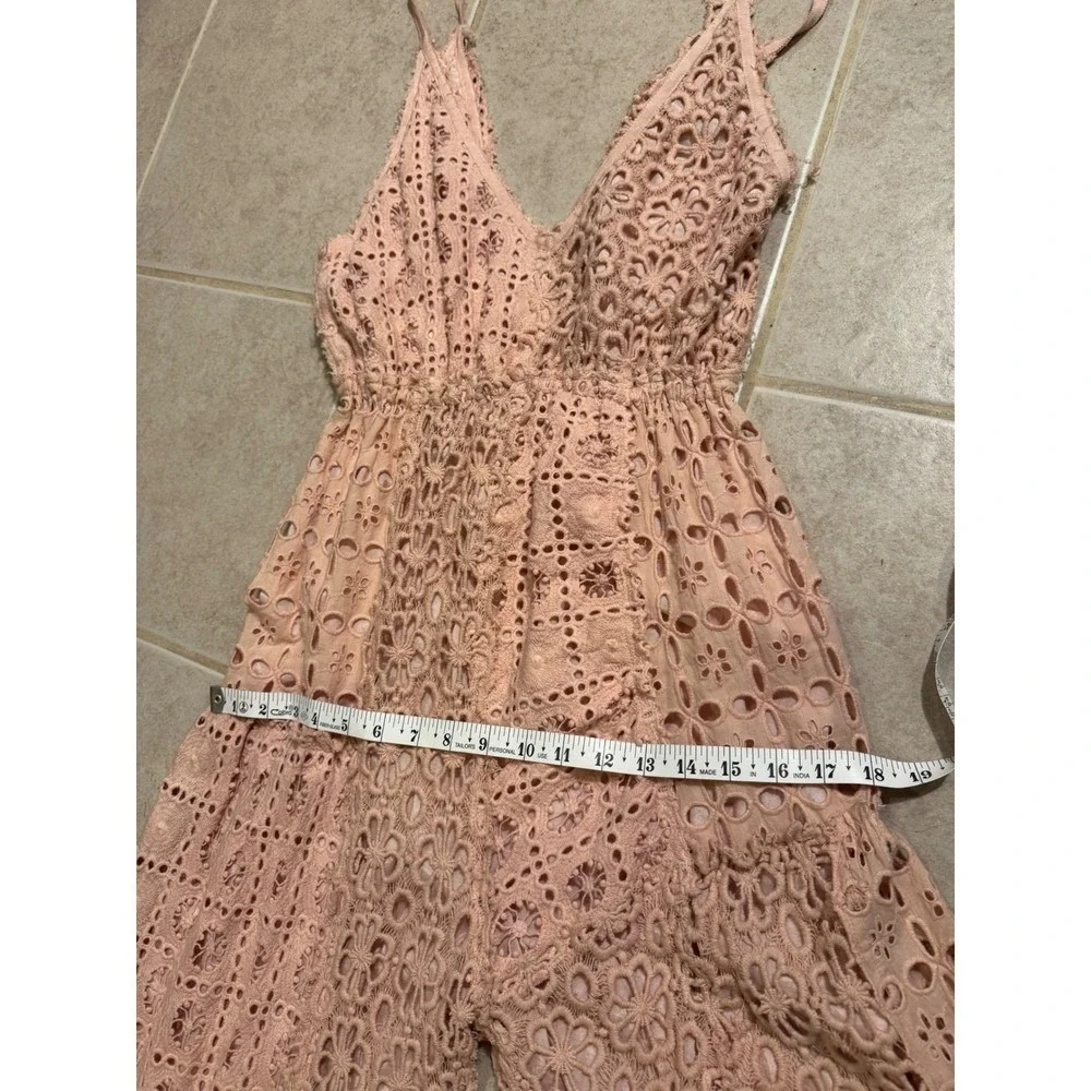 Free People FP One XS Pink Eyelet Lace‎ Wide Leg Jumpsuit Boho Festival